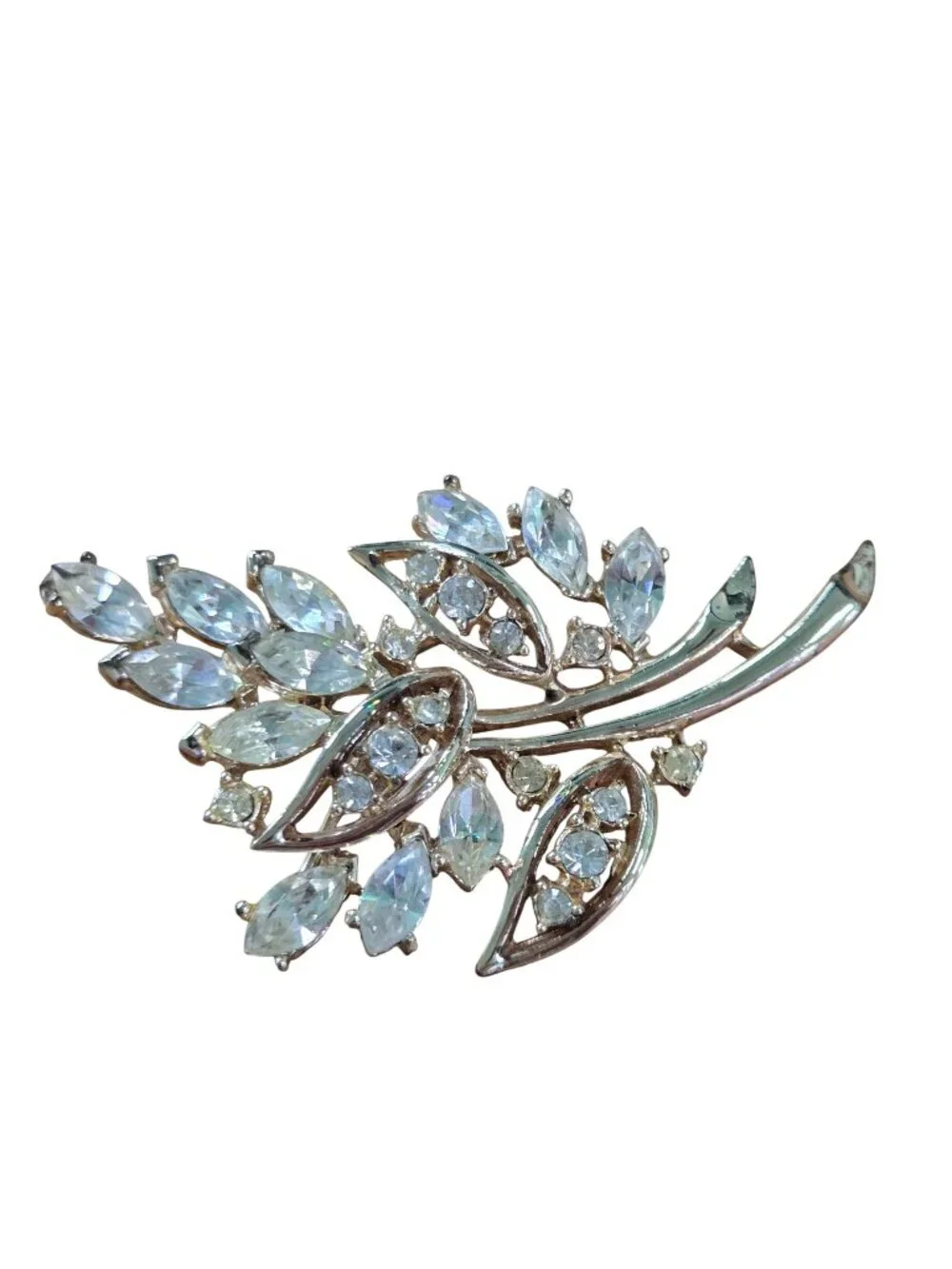 Mid Century Vintage Leaf Clear Rhinestone Goldtone Brooch 2